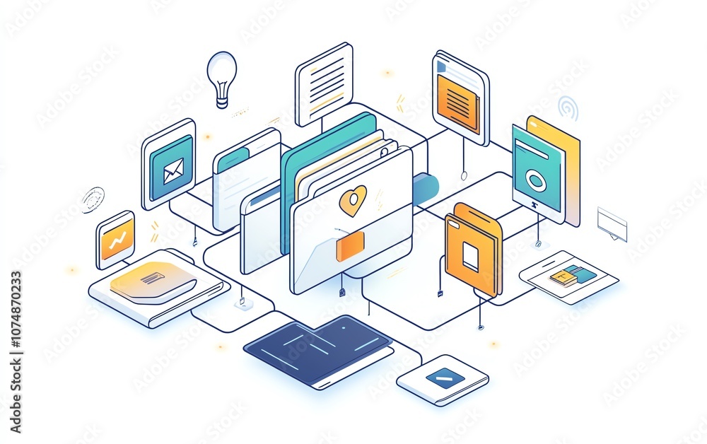 Aufkleber White background with interconnected digital document and folder icons, symbolizing streamlined data management and file organization