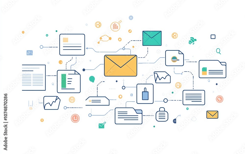 Aufkleber White background with interconnected digital document and folder icons, symbolizing streamlined data management and file organization