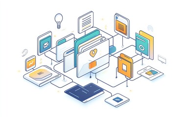 Obraz premium White background with interconnected digital document and folder icons, symbolizing streamlined data management and file organization