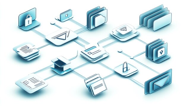 Set of interconnected digital document and folder icons, isolated on white background, representing organized data management system