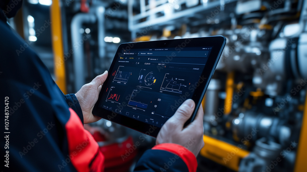 Poster an operator holds a rugged tablet with a rig control dashboard, tracking extraction rates and enviro