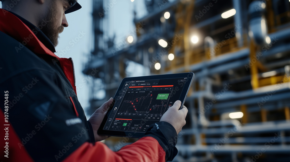 Aufkleber an operator holds a rugged tablet with a rig control dashboard, tracking extraction rates and enviro