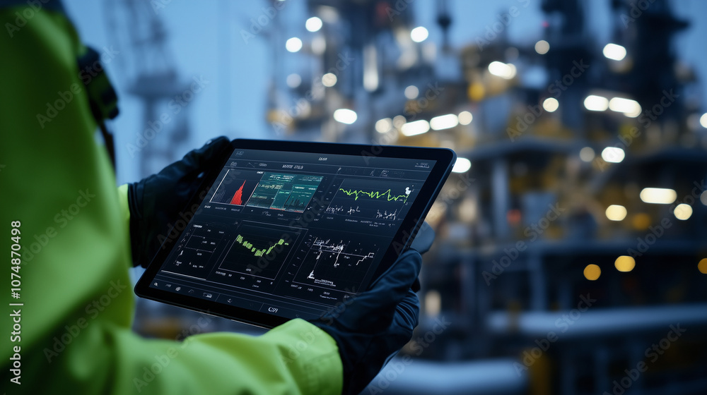 Poster an operator holds a rugged tablet with a rig control dashboard, tracking extraction rates and enviro