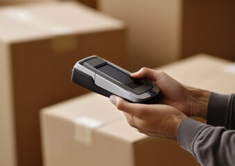 A person holds a handheld scanner in front of cardboard boxes, suggesting inventory management or logistics operations.