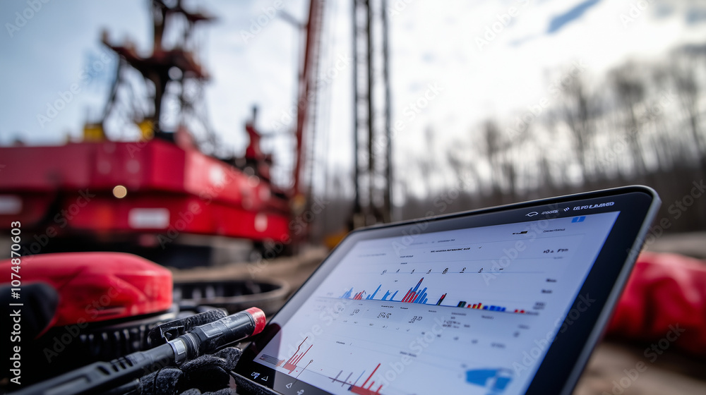 Aufkleber in protective gear, an operator reviews rig metrics on a tablet interface, highlighting the precisio