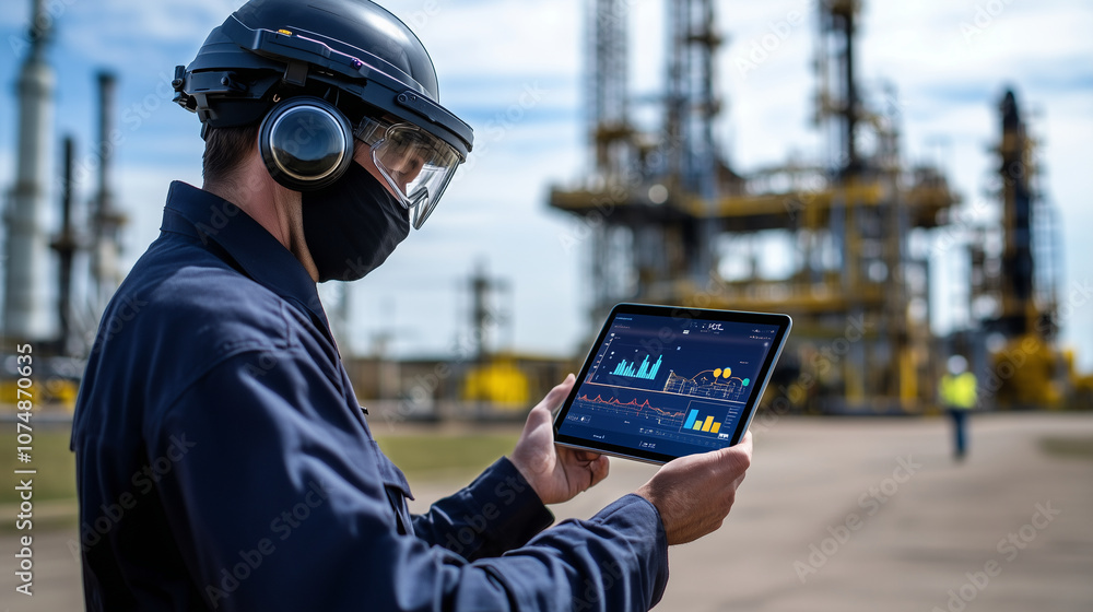 Aufkleber in protective gear, an operator reviews rig metrics on a tablet interface, highlighting the precisio