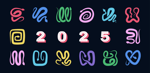 Chinese New Year 2025. Contemporary neon square snake tiles. Abstract minimal elements for Year of the Snake banner, card, cover or print design. Vector illustration