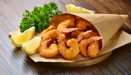 Fototapeta premium Crispy fried shrimp are served in a paper bag, garnished with parsley and lemon slices.