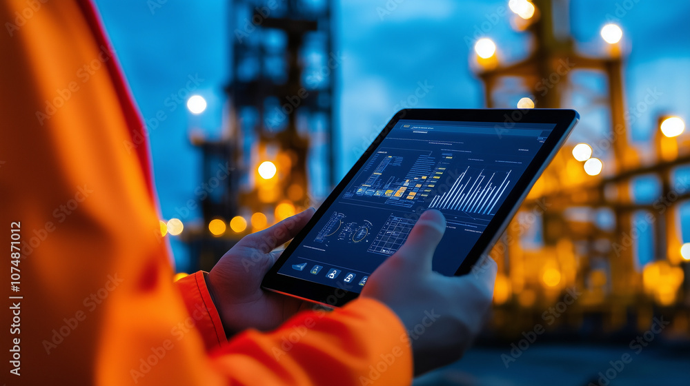 Poster a close-up of a tablet screen showing a comprehensive drilling control dashboard, while an operator 