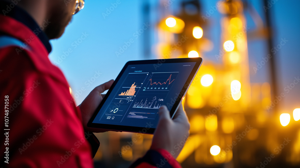 Poster a close-up of a tablet screen showing a comprehensive drilling control dashboard, while an operator 