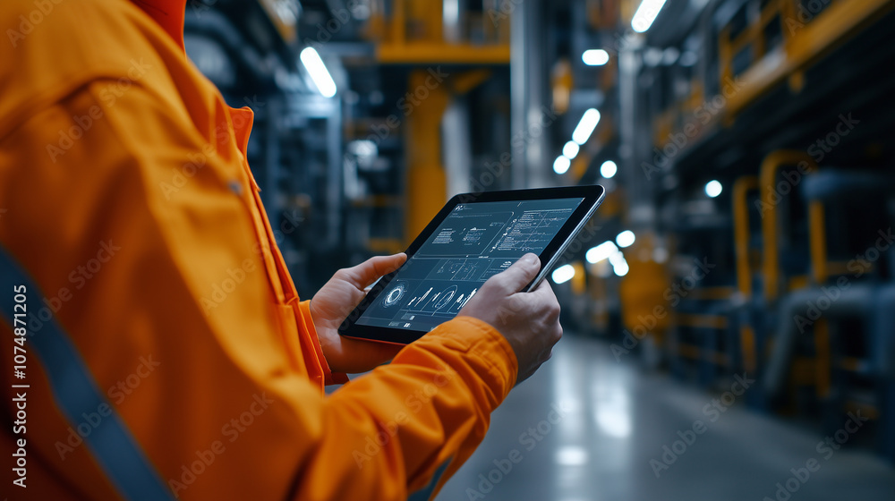 Aufkleber a tablet held by an operator displays environmental and operational data for an oil rig, symbolizing