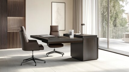 Fototapeta premium Modern Office Interior with Large Desk and Leather Chairs