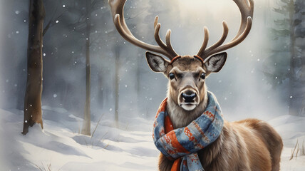 Watercolor painting of cute reindeer wearing winter hat and scarf