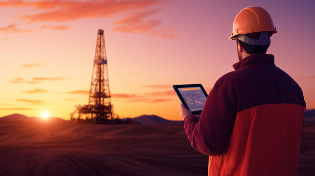 In a desert landscape, an operator stands with a tablet, controlling an oil drilling rig remotely, capturing the ability to manage operations from any location.