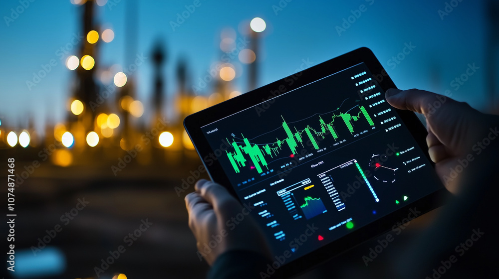 Poster a tablet with a digital drilling dashboard is held by an operator near an oil field, showing pressur