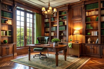 a library with a desk, bookshelf, and a chair with a lamp on it