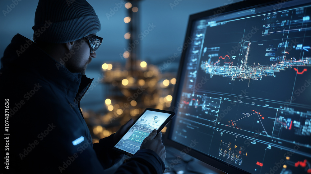 Poster in a high-tech control room, an operator uses a tablet to monitor an oil drilling rig, digital graph