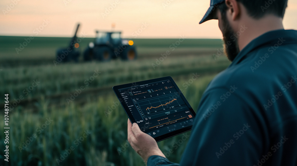 Poster a digital interface showing drill depth and extraction rate on a tablet, held by an operator oversee