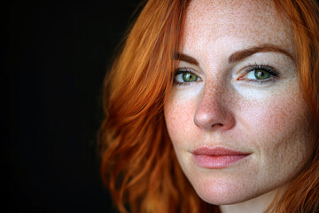 Fototapeta premium Portrait of a beautiful red haired woman with green hazel eyes on black background.