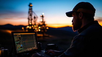 An operator in a remote location monitors drilling rates and system health on a tablet, the oil rig in the distance, embodying mobile control efficiency in oil production.