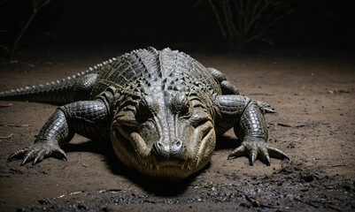 Obraz premium A large alligator rests on the ground, its scales catching the light in the darkness