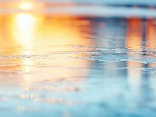 A serene sunset reflected on a calm surface, showcasing vibrant warm and cool tones intertwined with subtle textures.