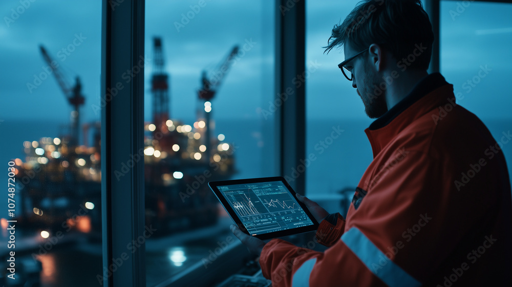 Aufkleber an operator stands in a control room holding a tablet displaying the status of remote drilling opera