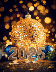 New year 2025 decoration, green pine trees and gold balls