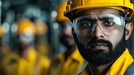 A close-up of a team of Indian factory workers, all in safety helmets and goggles, with detailed metal equipment in the background, emphasizing the importance of protective gear in