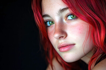 Portrait of a beautiful red haired woman with green hazel eyes on black background.