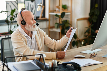 A senior businessman with a beard uses a headset while examining documents at his desk during the workday.