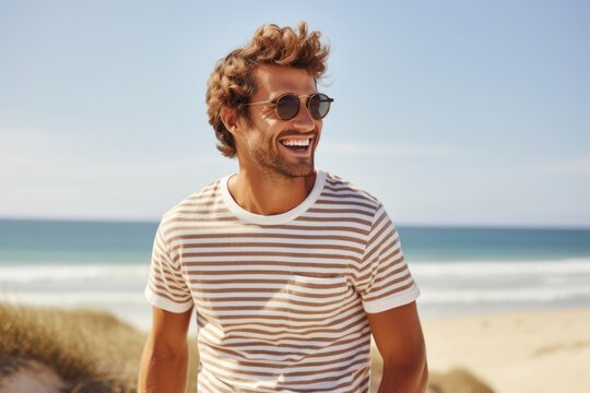 Summer fashion t-shirt sunglasses laughing.