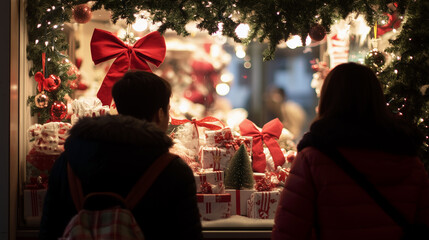 People looking into a store window decorated with just a few festive items