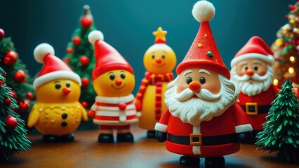 Charming Christmas figurines, including Santa and cheerful characters, perfectly capturing the festive spirit on a blurred background of holiday lights