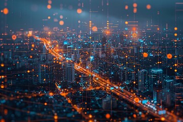 Obraz premium The bustling city is alive with glowing traffic lights and vibrant buildings, creating a stunning visual display against the night sky, enhanced by digital elements suggesting connectivity