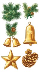 A collection of festive decorations including pine branches, bells, a star, and a pinecone.