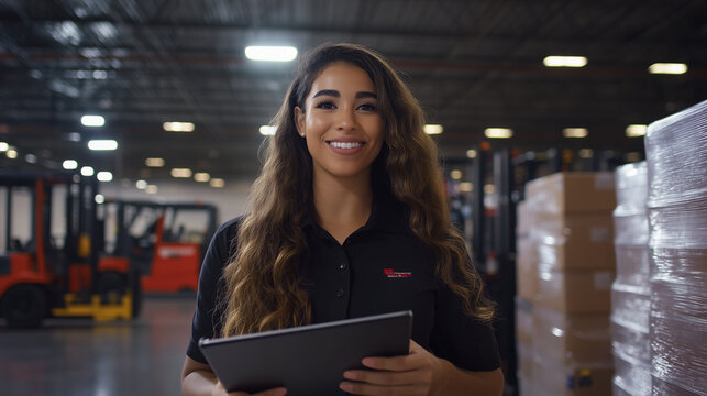 A female warehouse worker smiling with a tablet in hand, ready to oversee inventory in a busy industrial warehouse with forklifts in motion behind her.