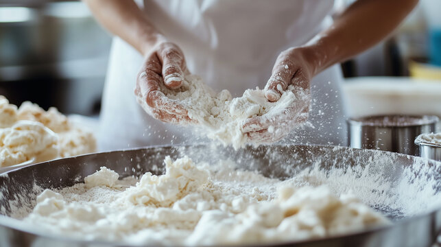 Candid shot of people baking, with flour and icing, in a kitchen with clean, white surfaces, using natural light