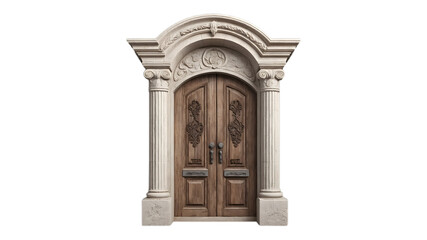 Obraz premium Classic Wooden Door Flanked by Decorative Columns Isolated on Transparent Background.
