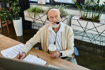 A professional senior businessman participates in an online meeting while sipping coffee in a...