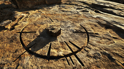 A weathered sundial etched in stone, casting shadows that hint at ancient timekeeping methods.
