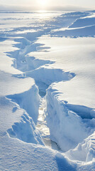 Obraz premium A crack in the ice sheet, revealing a small pool of water beneath. The sun shines brightly in the distance.
