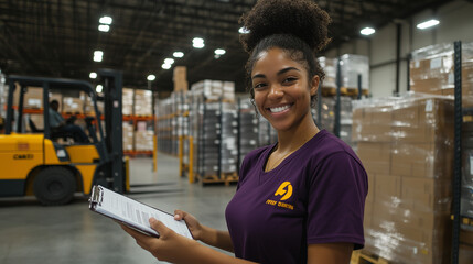 A female warehouse employee beaming as she checks inventory on her clipboard, with a forklift and pallets visible in the background, symbolizing efficiency and morale.