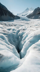 A crevasse in a glacier with snow-covered mountains in the background.