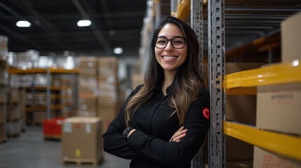 Fototapeta premium A cheerful female warehouse worker leaning against a metal rack, smiling warmly, with boxes and organized shelving in the background, embodying professionalism and positivity.