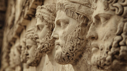 Obraz premium Close-up of stone relief sculptures depicting scenes from mythology, worn but still vivid.