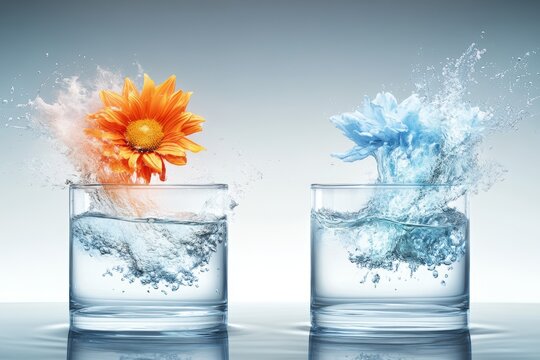  Dos flores, una naranja y otra azul, cayendo en vasos con agua, creando un efecto de salpicadura din&aacute;mica y cristalina.
