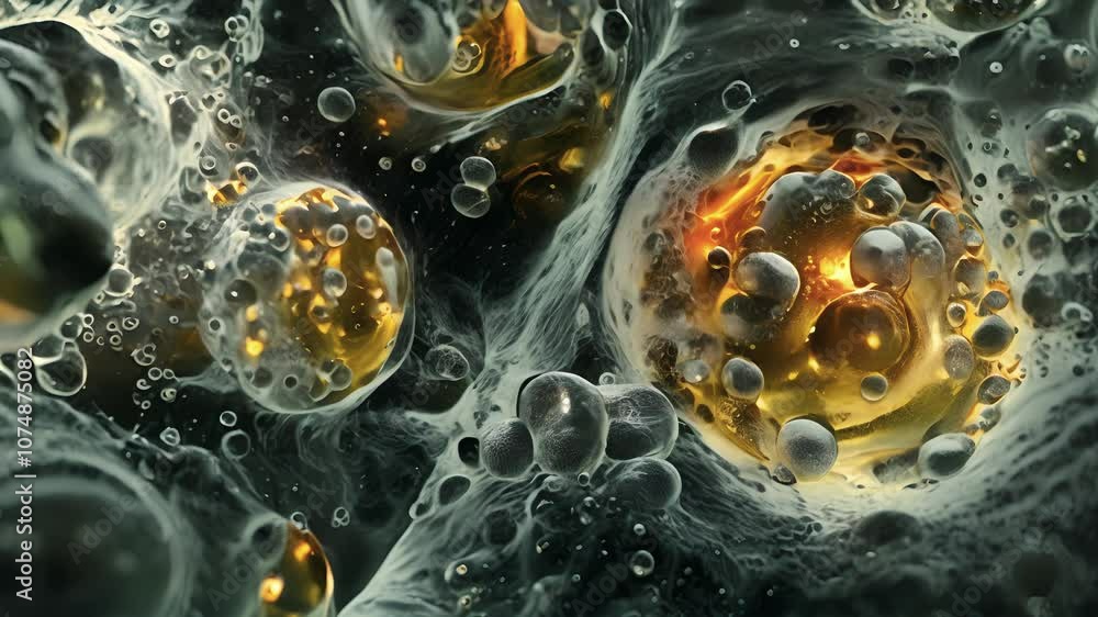Poster the microscopic view of a cell during the programmed cell death process with lysosomes breaking down