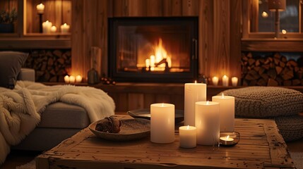 Cozy Living Room with Candles and a Fireplace