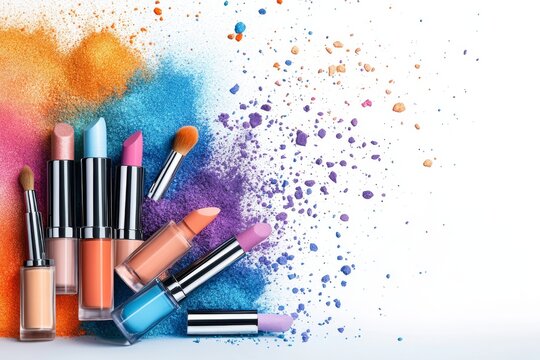  Varios labiales y pinceles de maquillaje dispuestos sobre un fondo blanco con colores vibrantes en polvo.
